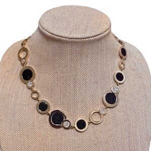 Anne Klein Gold Tone Circle Necklace Black Rhinestone Statement 16.5"